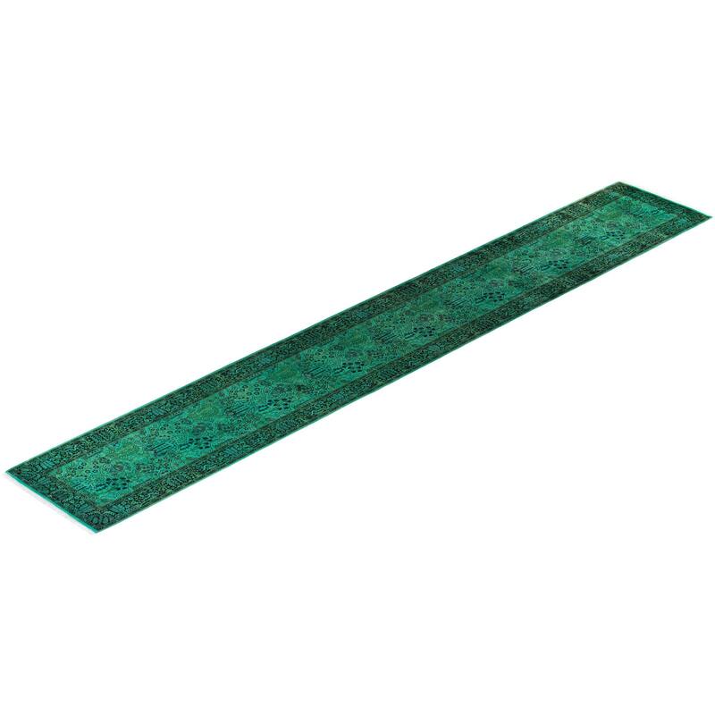 Overton Hand Knotted Wool Vintage Inspired Modern Contemporary Overdyed Green Runner Rug - 2' 6" x 17' 1"
