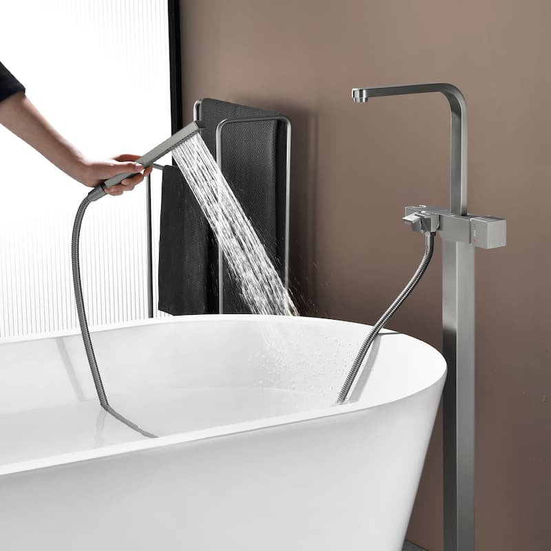 Single Handle Floor Mount Tub Faucet Brushed Nickel Modern Waterfall Freestanding Bathtub Filler with Hand Sprayer
