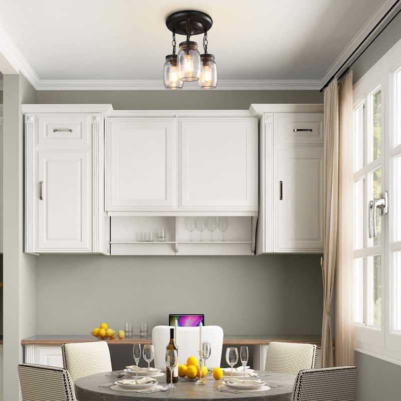 Modern Farmhouse 3-Light Mason Jar Glass Chandelier Semi Flush Mount Ceiling Light - D11.8" x H13"