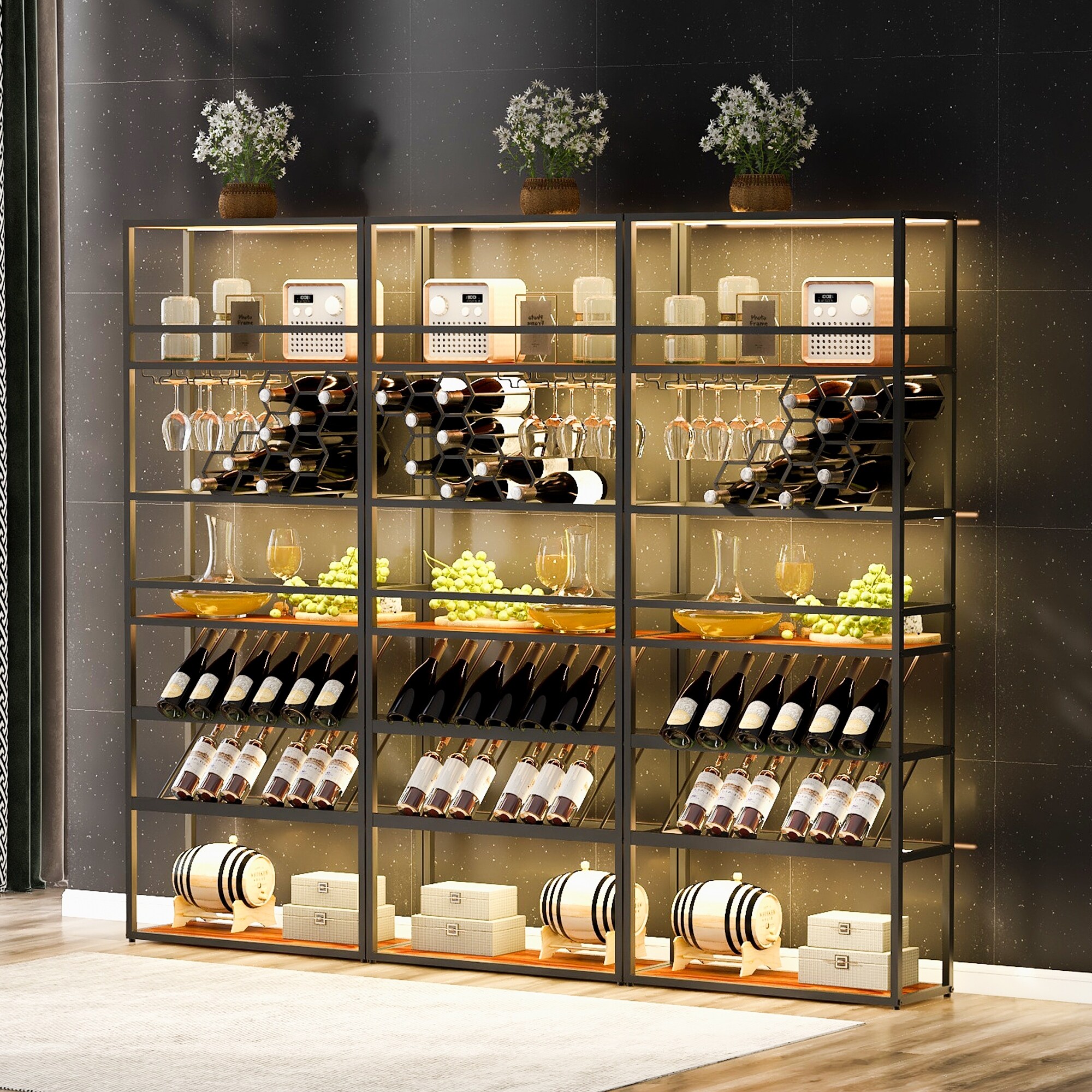 LED Tall Bar Cabinet Wine Rack Contemporary Standing Honeycomb Wine Rack with Glass Rack On Sale Bed Bath Beyond 40267357