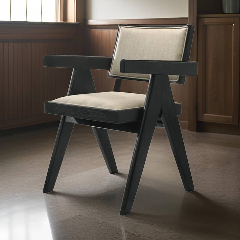 Bili 21 Inch Dining Armchair Set of 2, Open Back, Beige Upholstery, Black