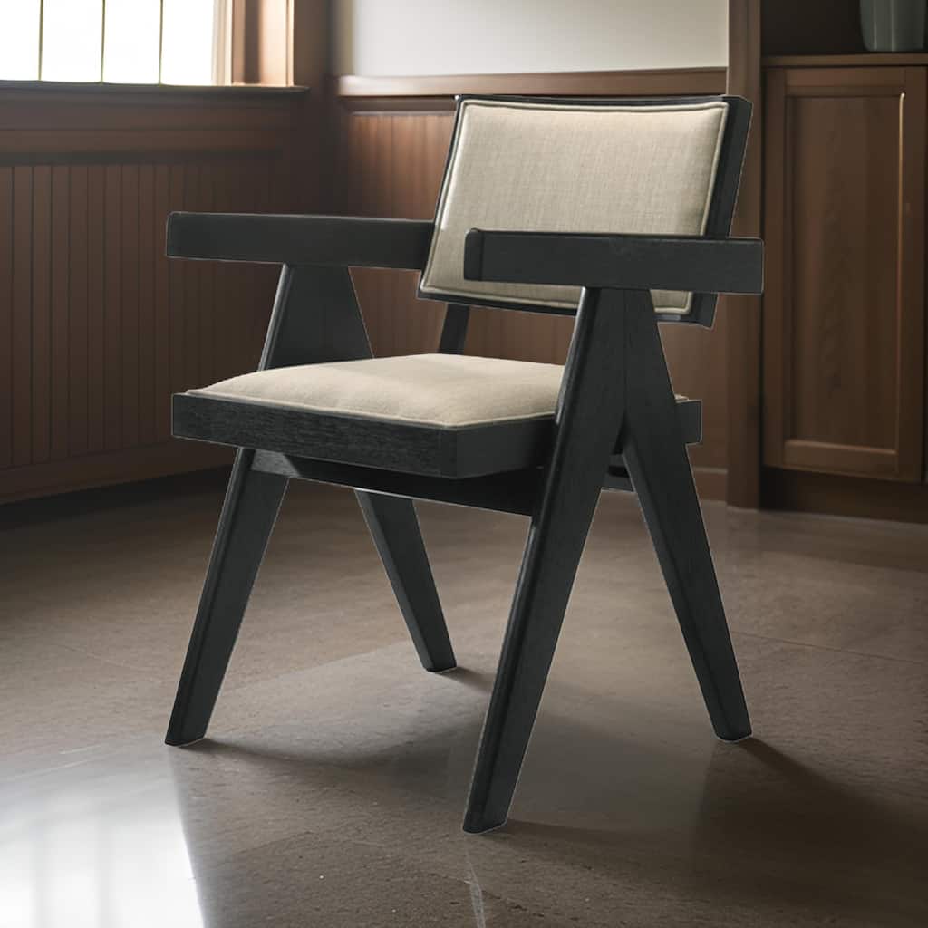 Bili 21 Inch Dining Armchair Set of 2, Open Back, Beige Upholstery, Black