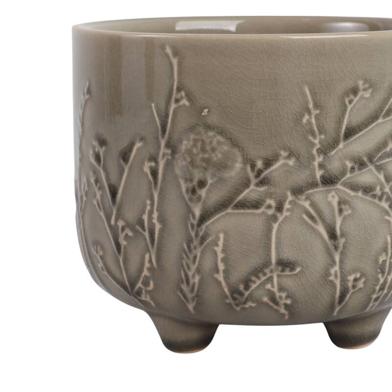 Ceramic Stoneware Planter with Raised Botanical Texture Footed Base
