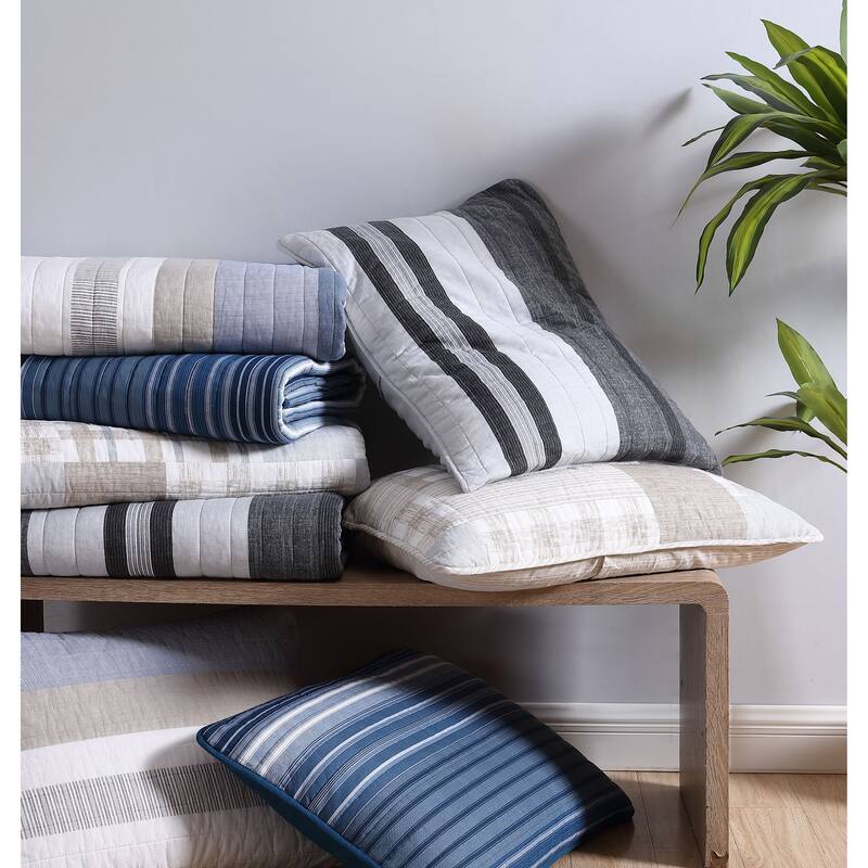 Nautica Coveside Seascape Stripe With Solid Reverse Cotton Quilt (Blue, 3 Piece Set)