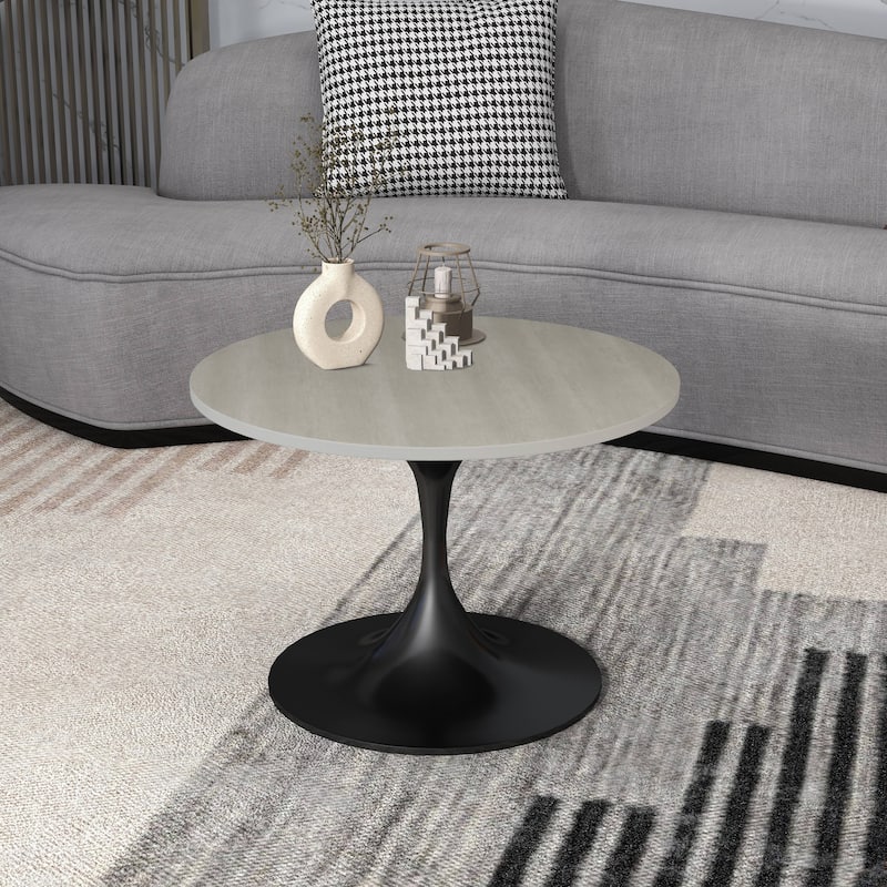 LeisureMod Verve 27" Round Coffee Table with MDF Wood TableTop and Black Steel Base for Living & Bedroom