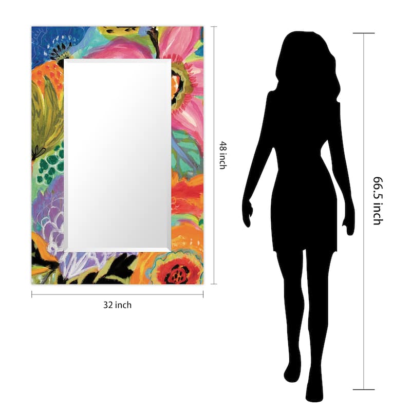 "Secret Garden Floral II" Rectangular Beveled Mirror on Free Floating Reverse Printed Tempered Art Glass - 48" x 32"