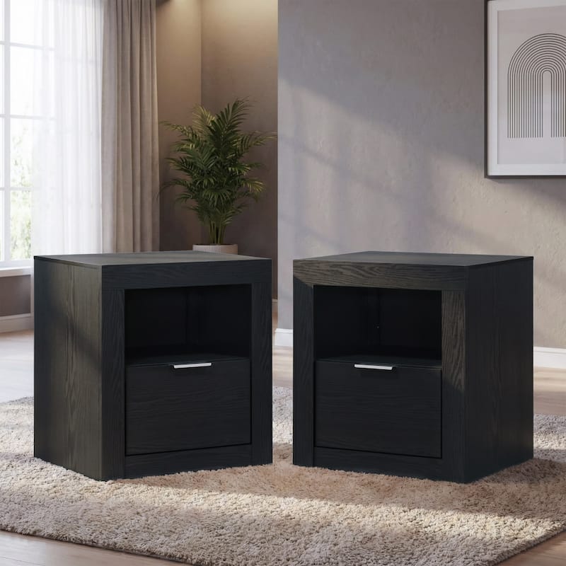 Furniture of America Merro Modern Solid Wood 1-Drawer Nightstand with Top Open Shelf (Set of 2) - Black