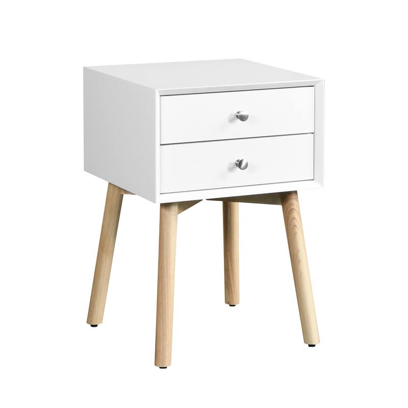 Modern White Bedside Table with 2 Drawers and Rubber Wood Legs