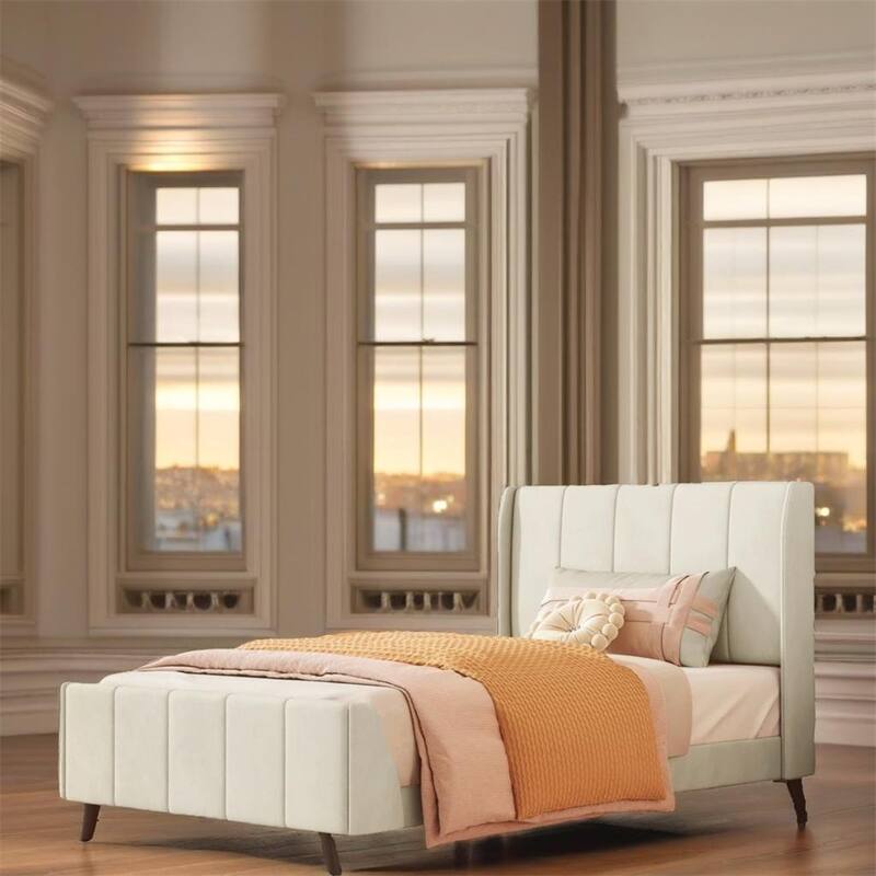 Twin Size Velvet Upholstered Platform Bed with Slats and Legs