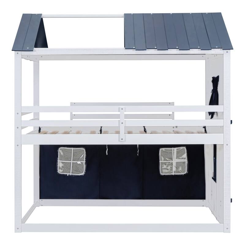 Full Size Wooden Bunk Bed with Elegant Windows and Tent Design, Blue and White