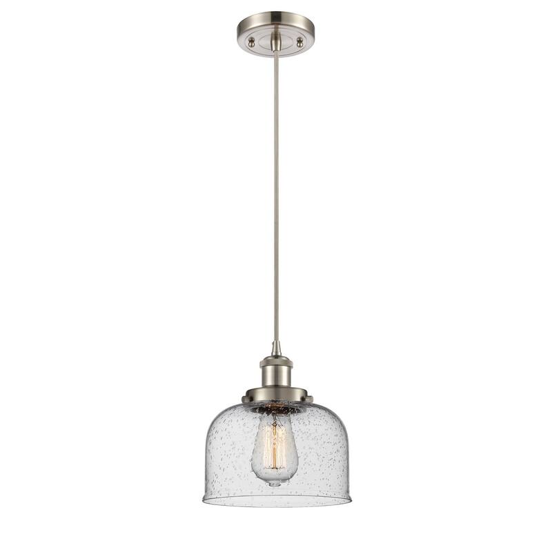 Innovations Lighting Large Bell 8" Wide Mini Pendant - Cord Hung - Brushed Satin Nickel / Seedy