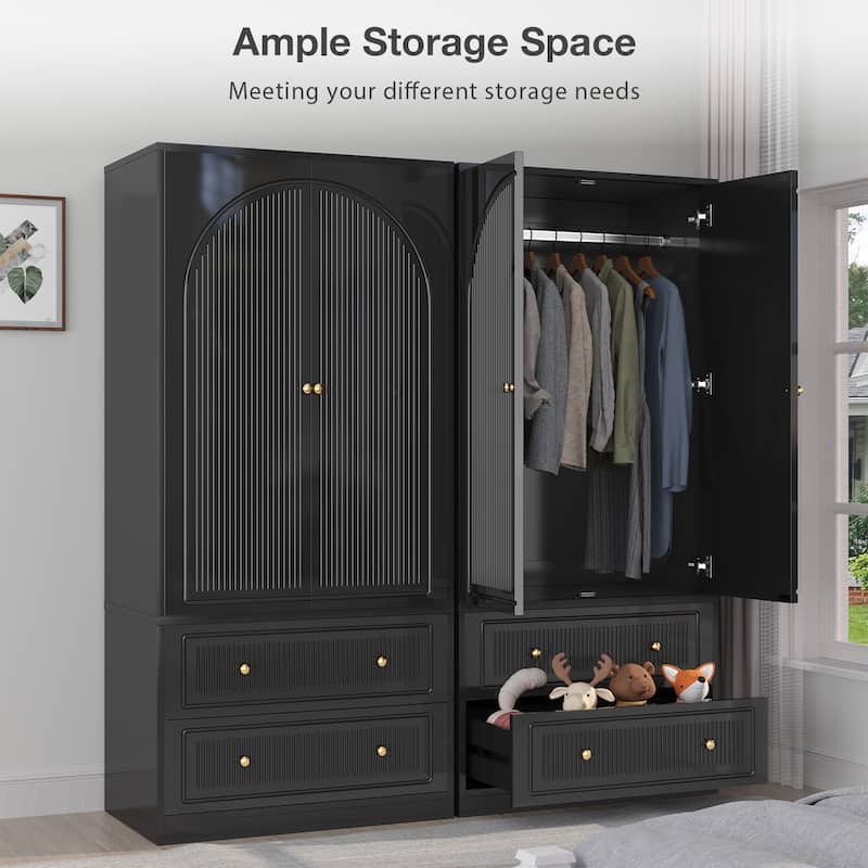 Gymojoy 71" Wardrobe Closet with 2 Doors & 2 Drawers, Modern White Wooden Armoire with Hanging Rod & Gold Handles
