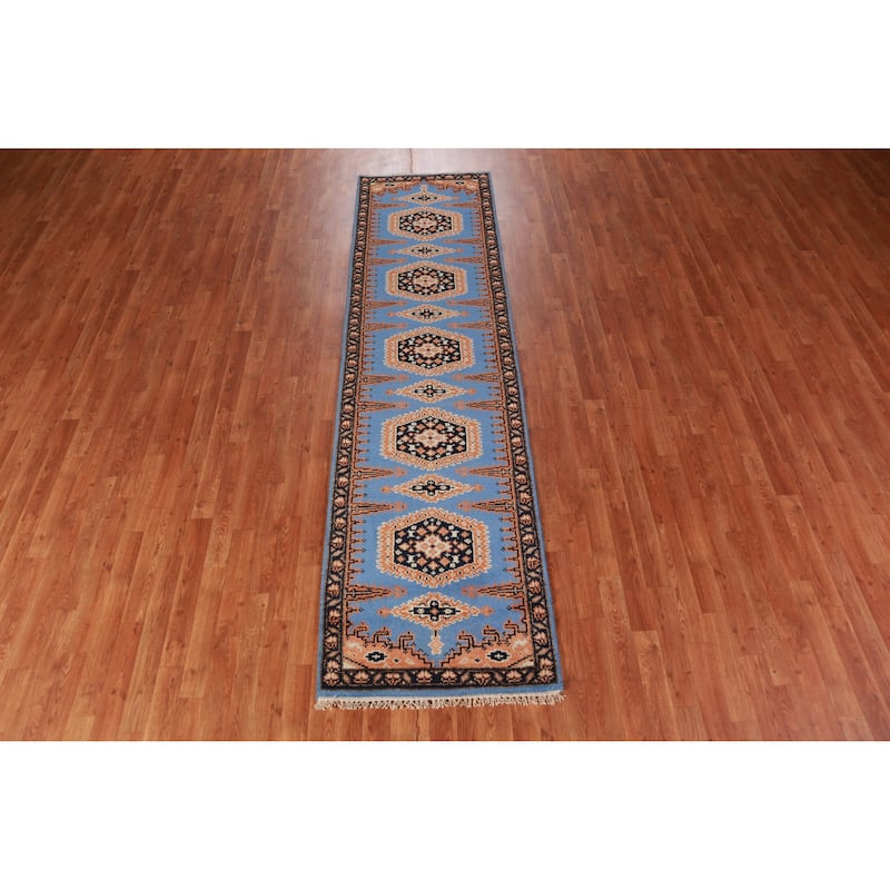 Blue Geometric Viss Oriental Runner Rug Hand-Knotted Wool Carpet - 2'6" x 9'8"