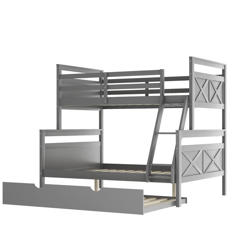 Modern Casual Style Gray Twin over Full Bunk Bed with Ladder Twin Size Trundle and Safety Guardrail Suitable for Bedroom