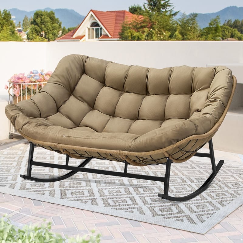 FINCATI Outdoor Double Rocking Chair, Double Wide Rocking Chair, 700 lbs Indoor Rocking Chair for Two, Double Papasan Chair - 1 PC-Brown