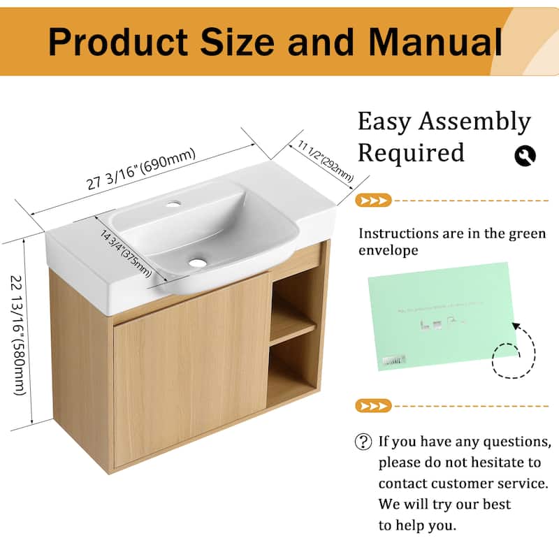 Malwee 24"/28" Floating Bathroom Vanity,Wall Mounted Bathroom Vanity with Ceramic Sink and Soft Close Door