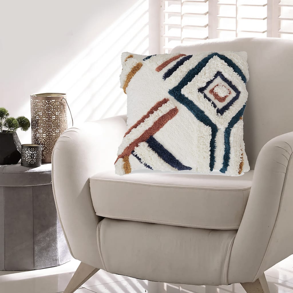 Throw Pillow Set of 4, 20 Inch, Whimsical Design, Boho Style, White, Blue