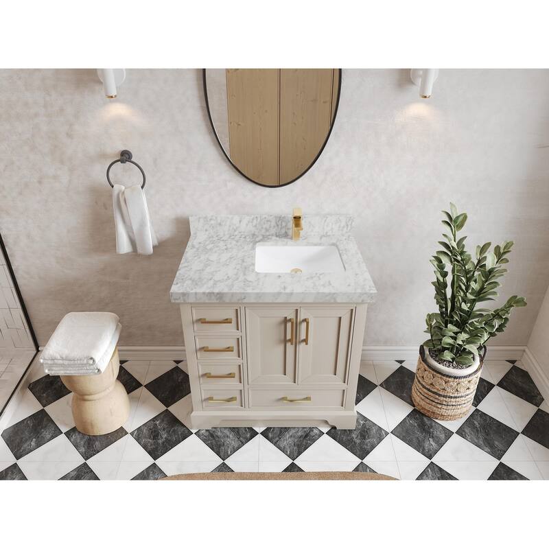 Willow Collections 36 x 22 Charlotte D Right Offset Sink Bathroom Vanity with Countertop - 2" Carrara Marble - Fine Grain