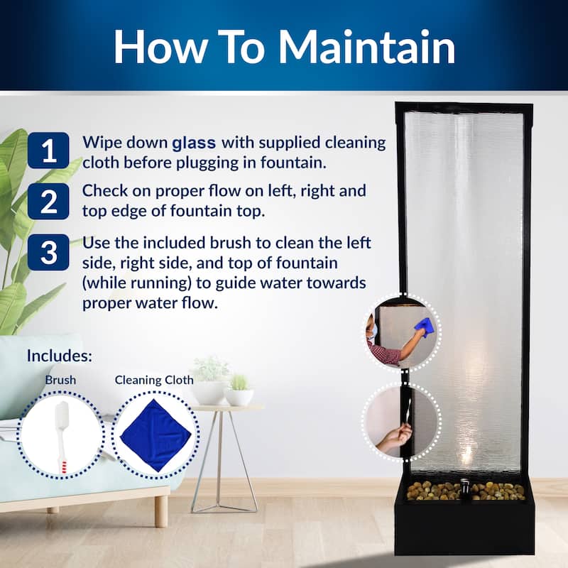 Alpine Corporation MLT170L 72" Waterfall Fountain with LED Light Cascading Textured Glass & Aluminum Floor Design, Indoor, Black