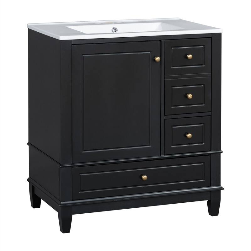30" Bathroom Vanity with Ceramic Sink, Freestanding Bathroom Vanity Cabinet w/ 3 Storage Drawers, 1 Soft Close Door & Door Shelf