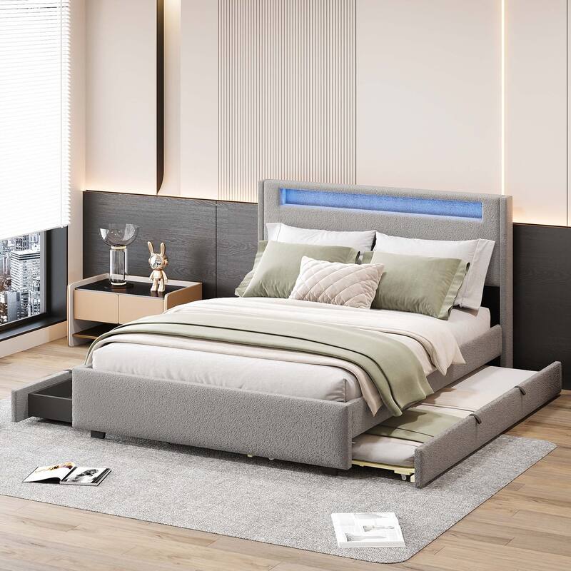 Full Size Upholstered Bed with LED and Twin Size Trundle