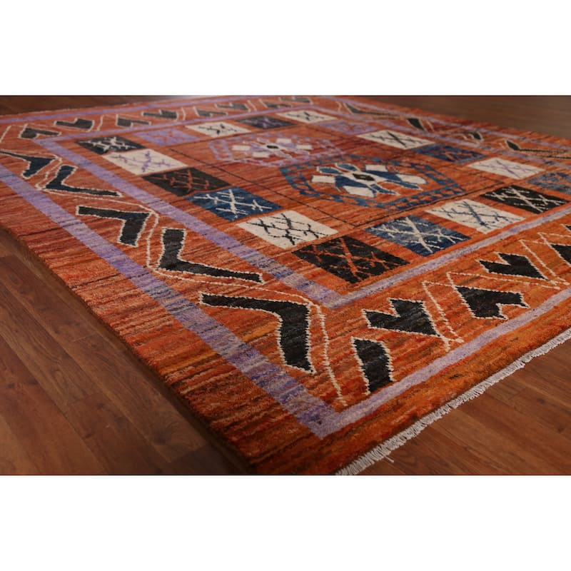 Orange Tribal Geometric Moroccan Oriental Rug Hand-Knotted Wool Carpet - 8'9" x 9'11" - 8'9" x 9'11" - Orange