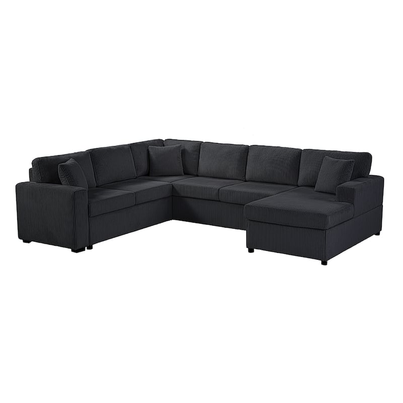 115.3" Corduroy U-Shaped Sectional Sofa with Chaise Lounge and Throw Pillows