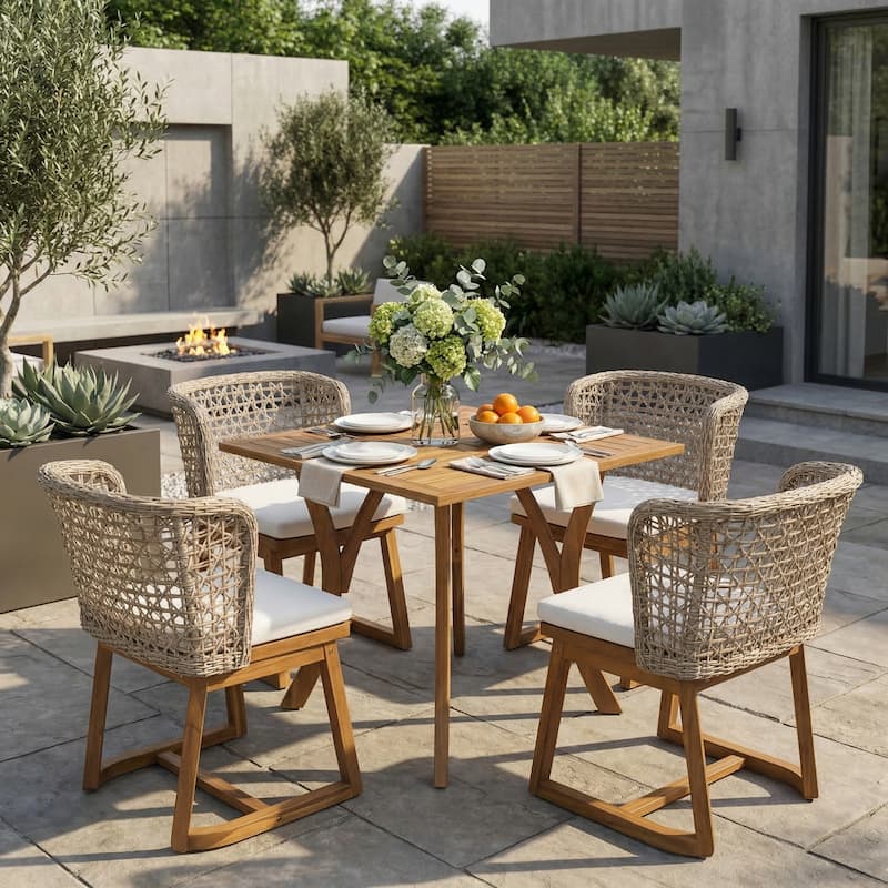 Christopher Knight Home - Dome 5-Piece Outdoor Acacia Wood Dining Set with Wicker Chairs & 31.5" Square Dining Table - Beige+Multi Light Brown Wicker