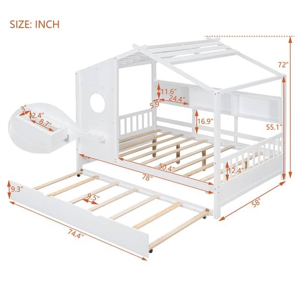 dimension image slide 2 of 4, Pine Wood House Bed with Trundle Bed, Bookcase Bed with Storage Shlef & Roof, Semi-enclosed Design, for Kids Girls Boys