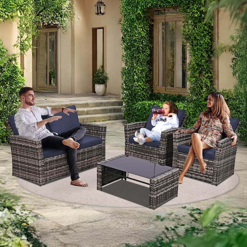 Thicker 4-Piece Wicker Outdoor Sofa Set, 1 Loveseats, 2 Single Sofas, 1 Table