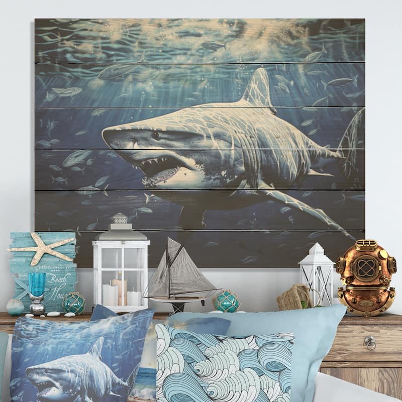 Designart "Bull Shark Depths Photography" Shark Wood Wall Decor - Modern Blue Wood Panel On Natural Pine Wood