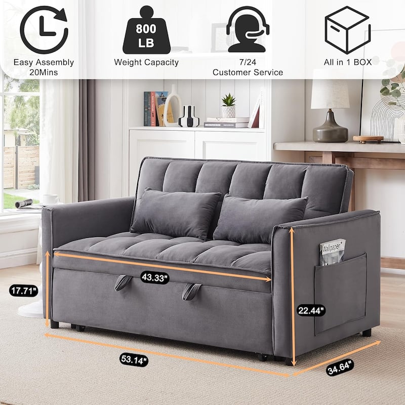 3 in 1 Convertible Sleeper Sofa Bed, Futon Couches for Living Room with Side Pocket, Adjustable Backrest