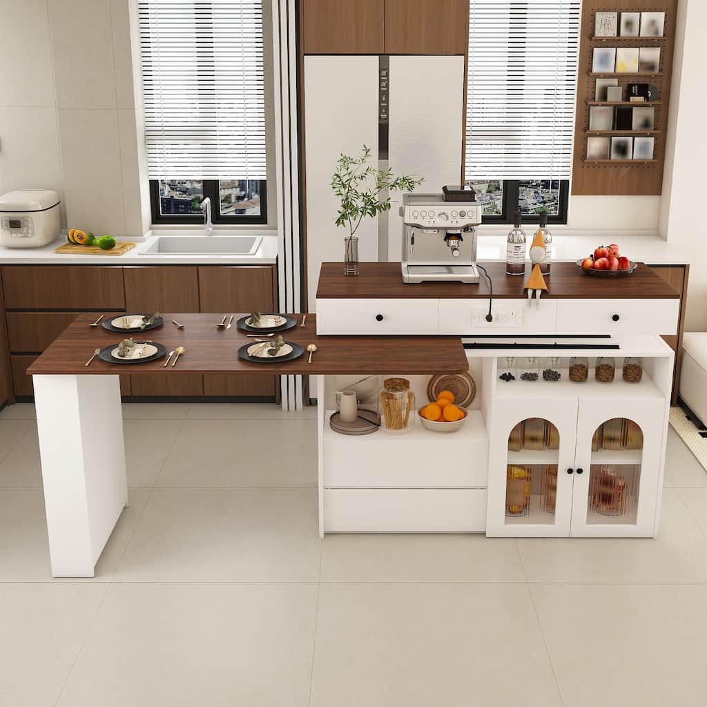 Roomfitters Kitchen Island with Rotating Extendable Table, Mobile Dining Station with Storage and Built-in Power Outlet
