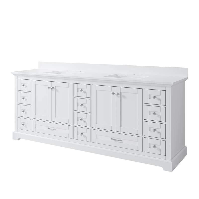 84''W Solid Wood Frame Bathroom Vanity With Pure White Culutered Marble Countertop And Double Sink
