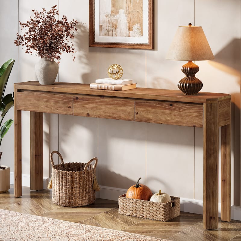 63 Inch Solid Wood Console Table with 3 Drawers, Sofa Table Behind the Couch, Farmhouse Style - 11.81" D x 62.99" W x 31.5" H - Rustic Brown