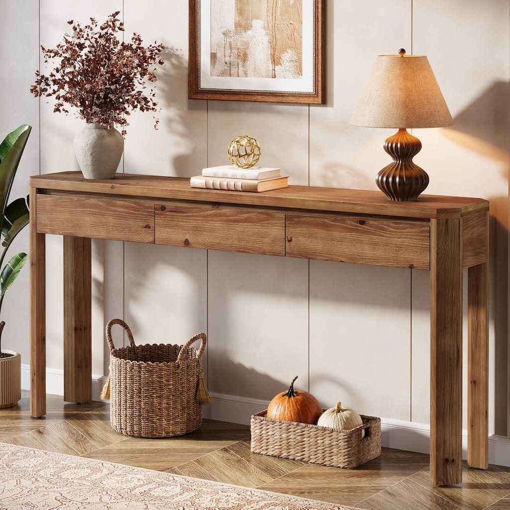 63 Inch Solid Wood Console Table with 3 Drawers, Sofa Table Behind the Couch, Farmhouse Style - 11.81" D x 62.99" W x 31.5" H