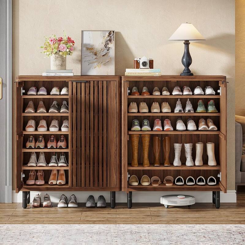 6-Tier Shoe Cabinet with Shutter Doors Adjustable Shelves Wooden Storage Cabinet for Entryway/Hallway/Closet/Living Room