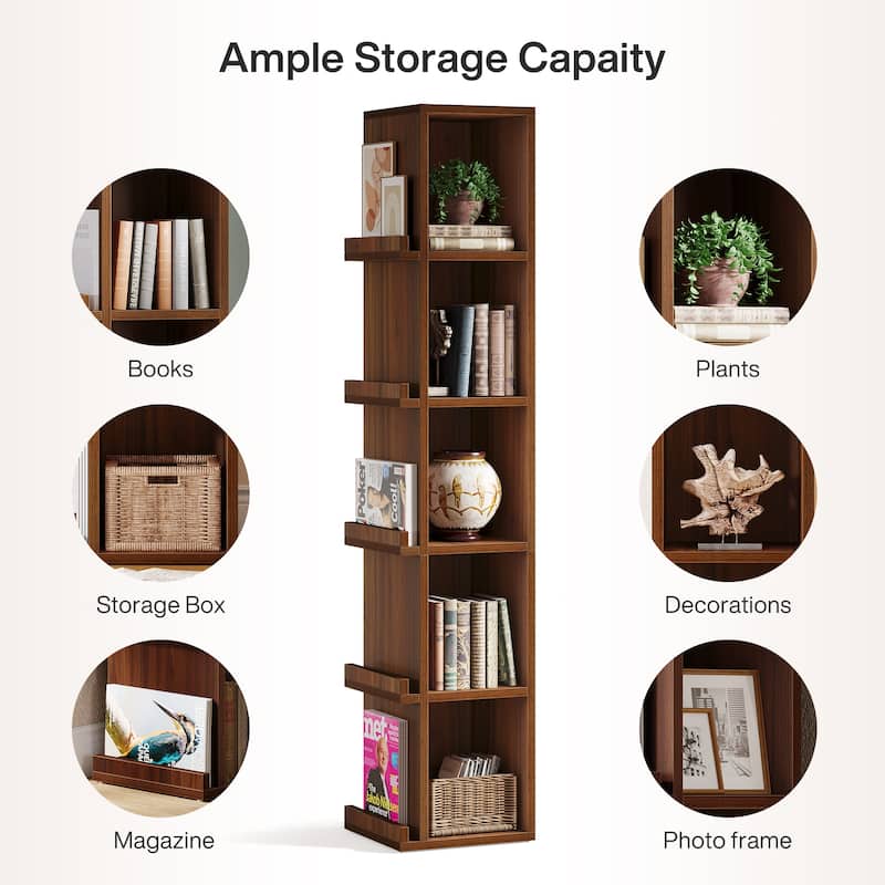 5-tier Tall Narrow Bookcase Cube Bookshelf with Side Storage - 11.8"D x 13.8"W x 70.9"H