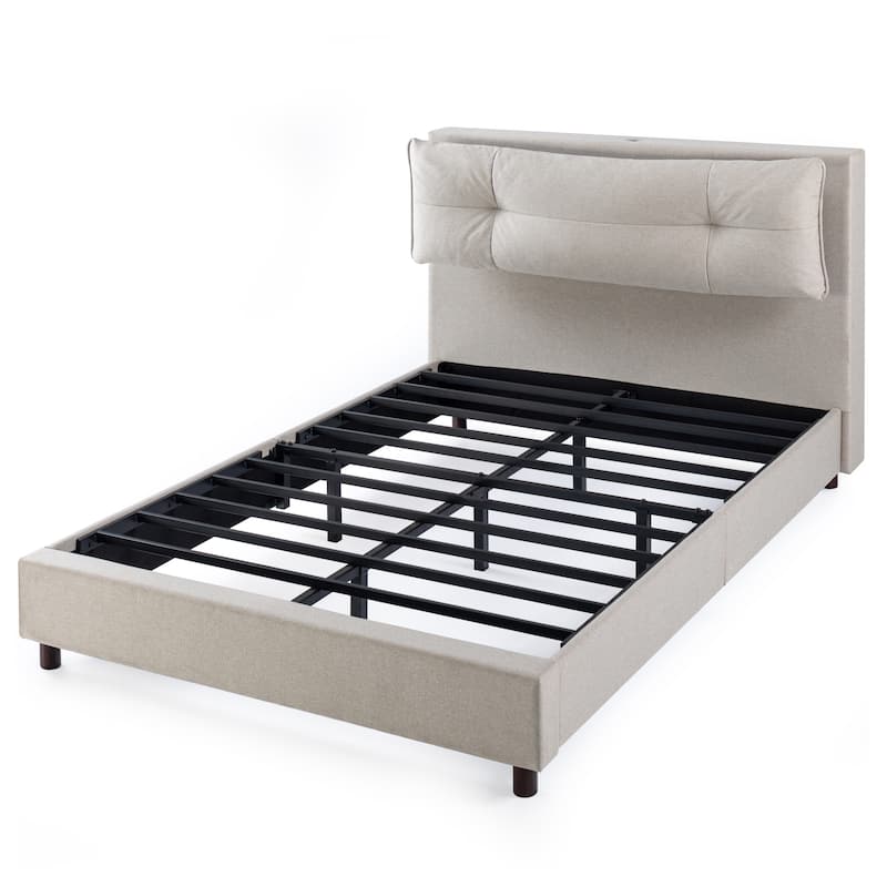 Priage by ZINUS Beige Metal Platform Bed with Reclining Headboard and USB Ports