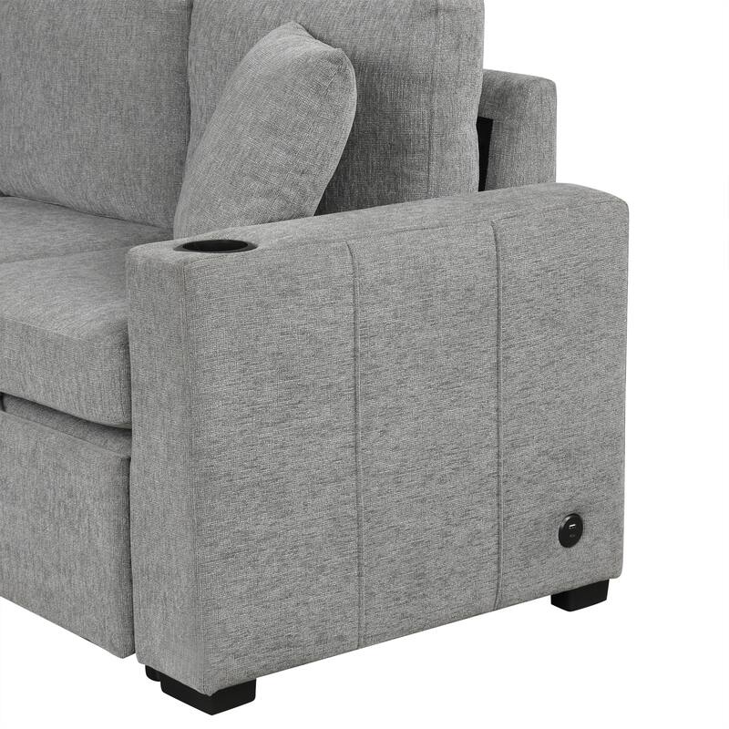 107.1" Convertible Sofa Bed, Gray, Chenille for Living Room with USB, Cup Holders & Pillows