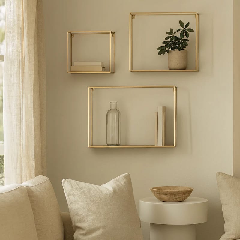 Metal Frame Wall Shelf with Keyhole Hanger, Set of 3, Gold