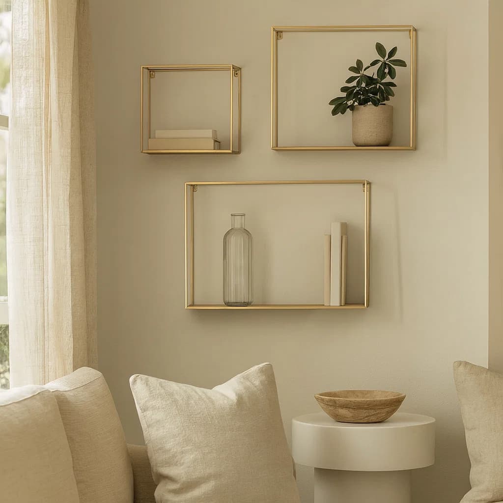 Metal Frame Wall Shelf with Keyhole Hanger, Set of 3, Gold