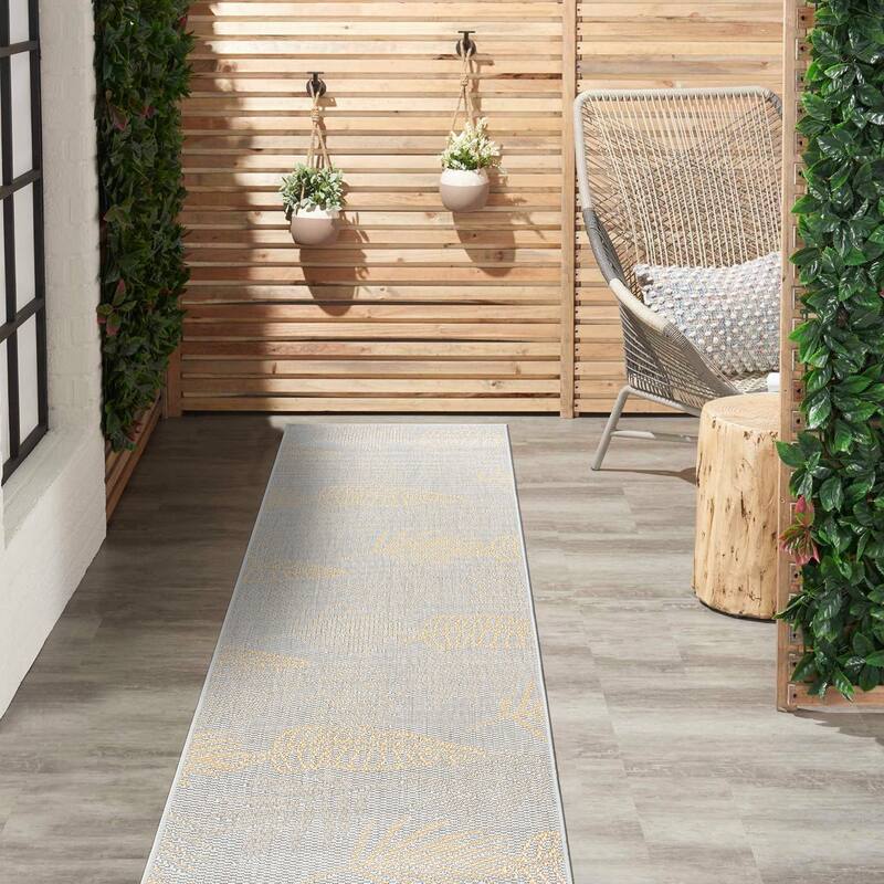 Contemporary Floral Leaves Indoor/Outdoor Flatweave Waterproof Backyard Patio Area Rug - 2'x7' Runner - Yellow
