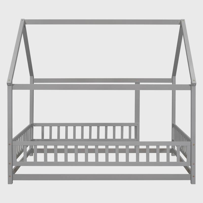 Full Size Floor Wooden Bed with House Roof Frame