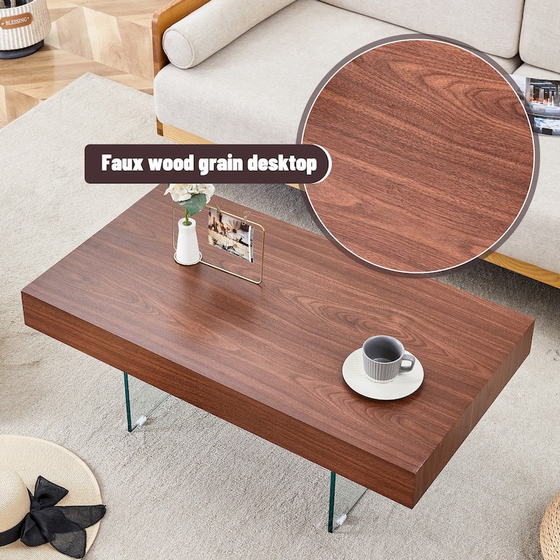 Roomfitters Square MDF Coffee Table with Tempered Glass Legs, 31.5"x31.5" Natural Style Center Table