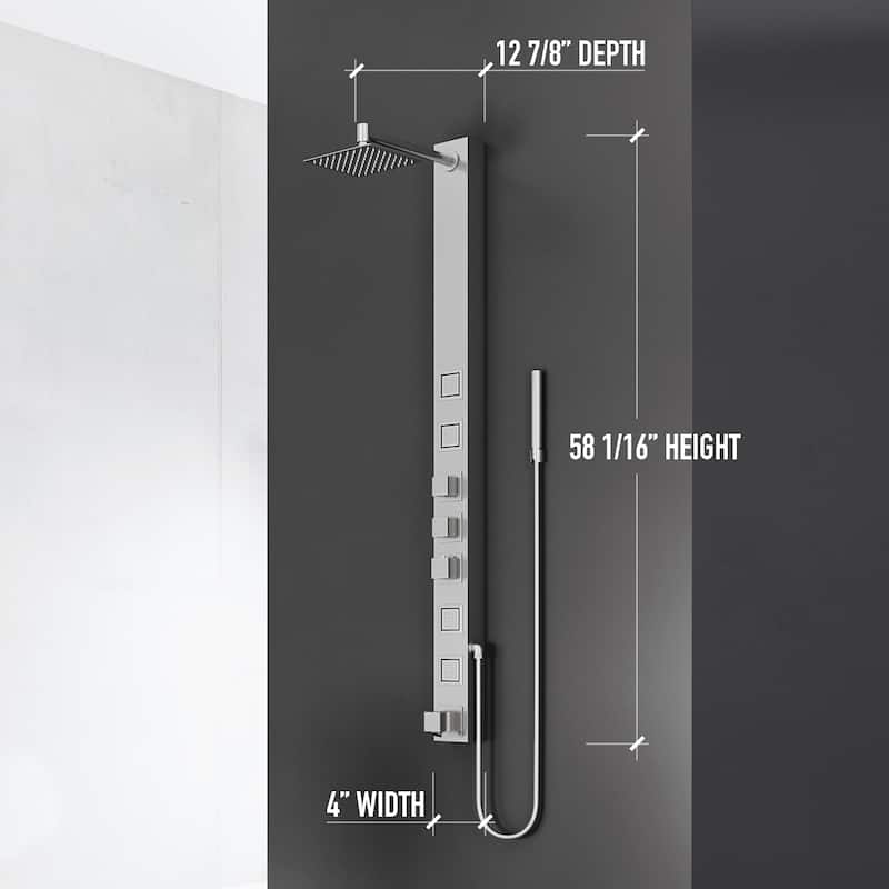 VIGO Bowery 58" H x 4" W 4-Jet Shower Panel with Square Shower Head and Tub Filler