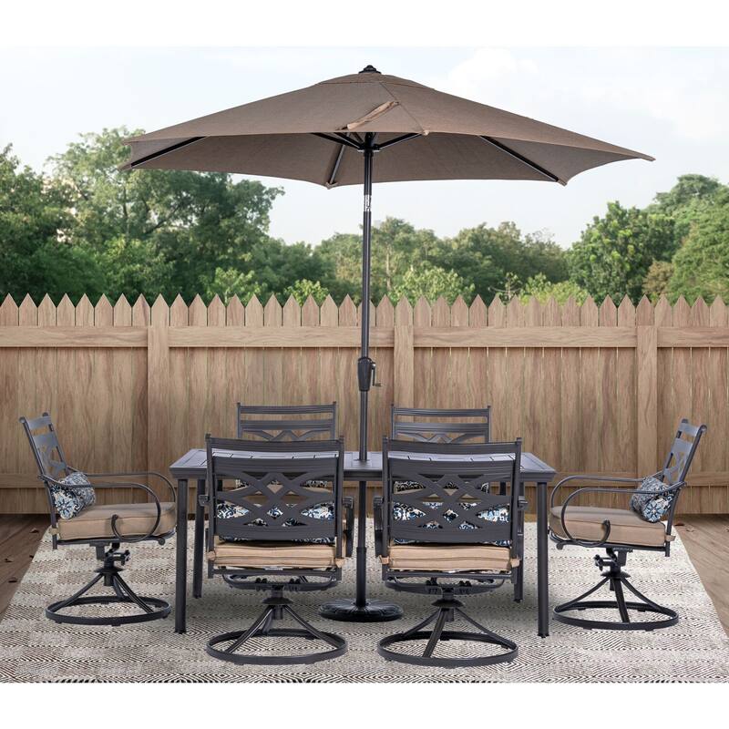Hanover Montclair 7-Piece Dining Set in Tan with 6 Swivel Rockers, 40-In. x 66-In. Dining Table and 9-Ft. Umbrella