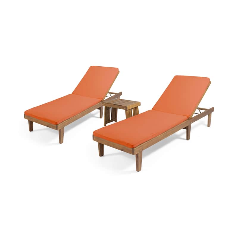 Nadine Outdoor Acacia Wood 3 Piece Chaise Lounge Set with Water-Resistant Cushions by Christopher Knight Home - Teak Finish + Rust Orange Cushion