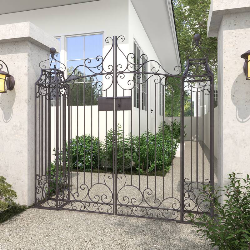 Dark Brown Metal Indoor Outdoor Scrollwork Arched Gate Garden Arbor with Pillars and Latch Lock Closure