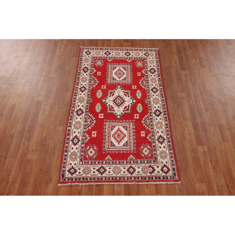 Red Geometric Kazak Oriental Foyer Rug Handmade Accent Wool Carpet - 3'3" x 5'9"